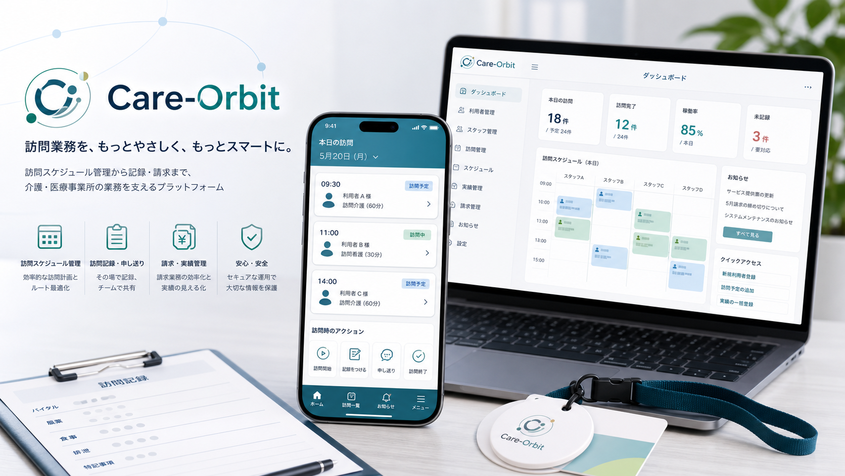 Care-Orbit の訪問記録アプリとICタグ連携イメージ