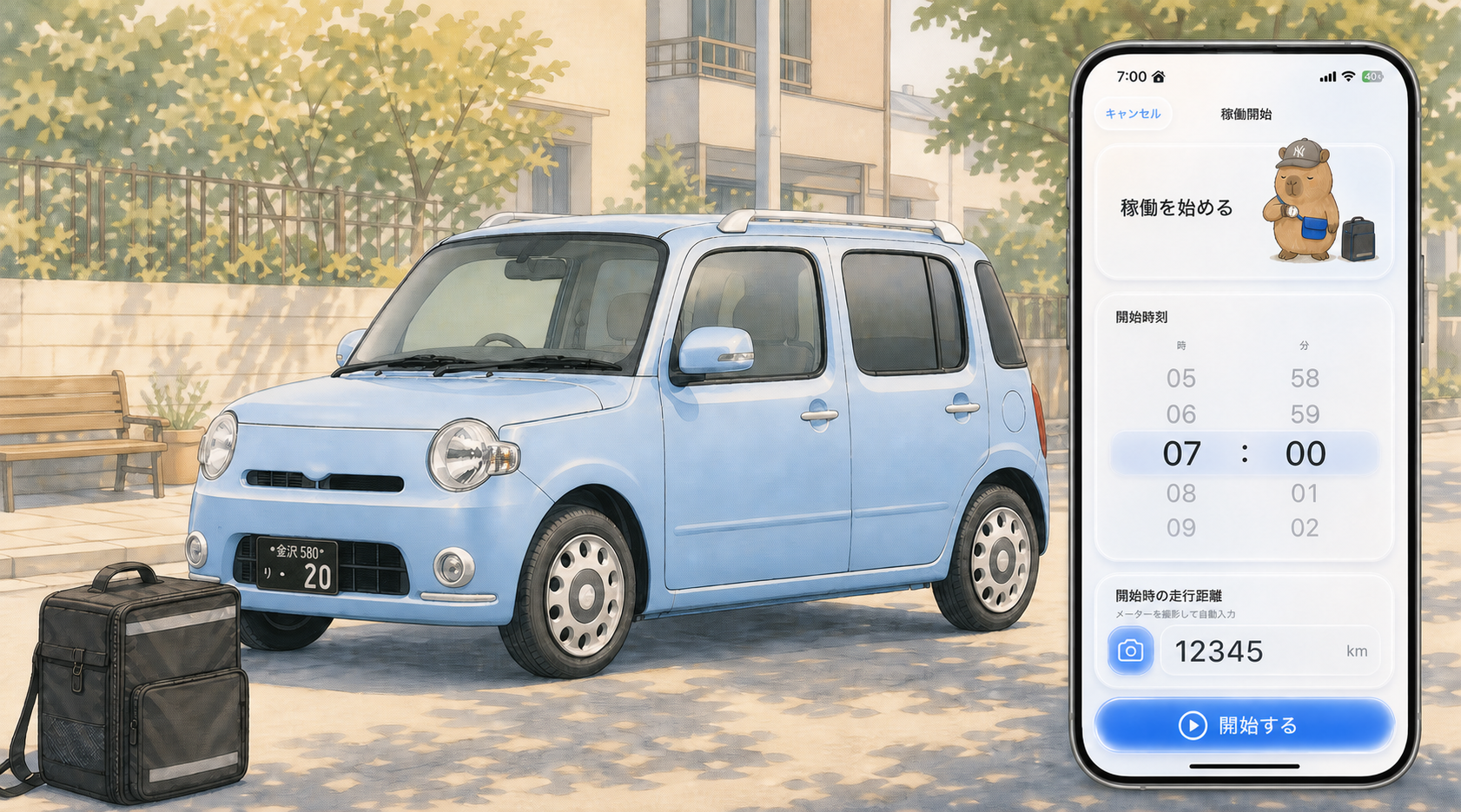 空色の軽商用車、デリバリーバッグ、Delinの運行記録アプリ画面